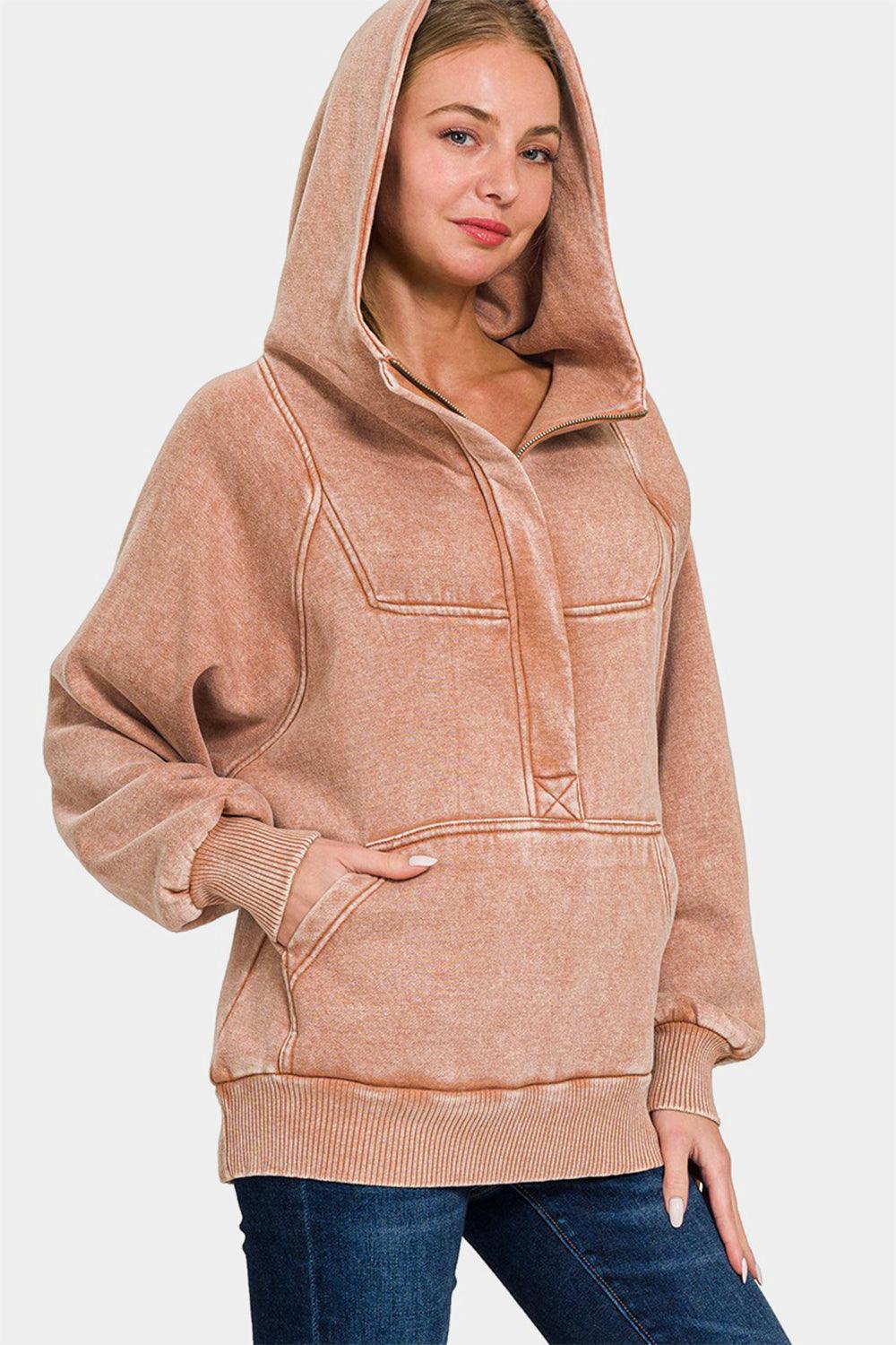 Zenana Acid Wash Fleece Kangaroo Hoodie for Women