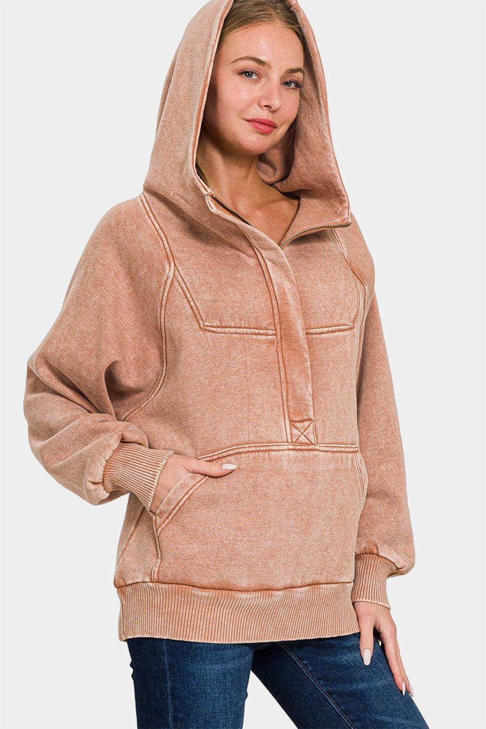 Zenana Acid Wash Fleece Kangaroo Hoodie for Women - Selvanelle