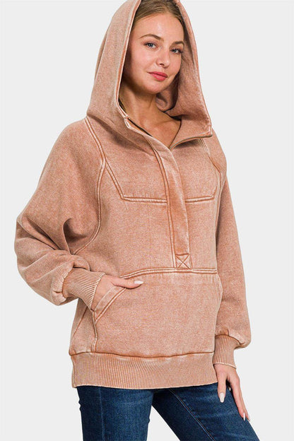 Zenana Acid Wash Fleece Kangaroo Hoodie for Women - Selvanelle