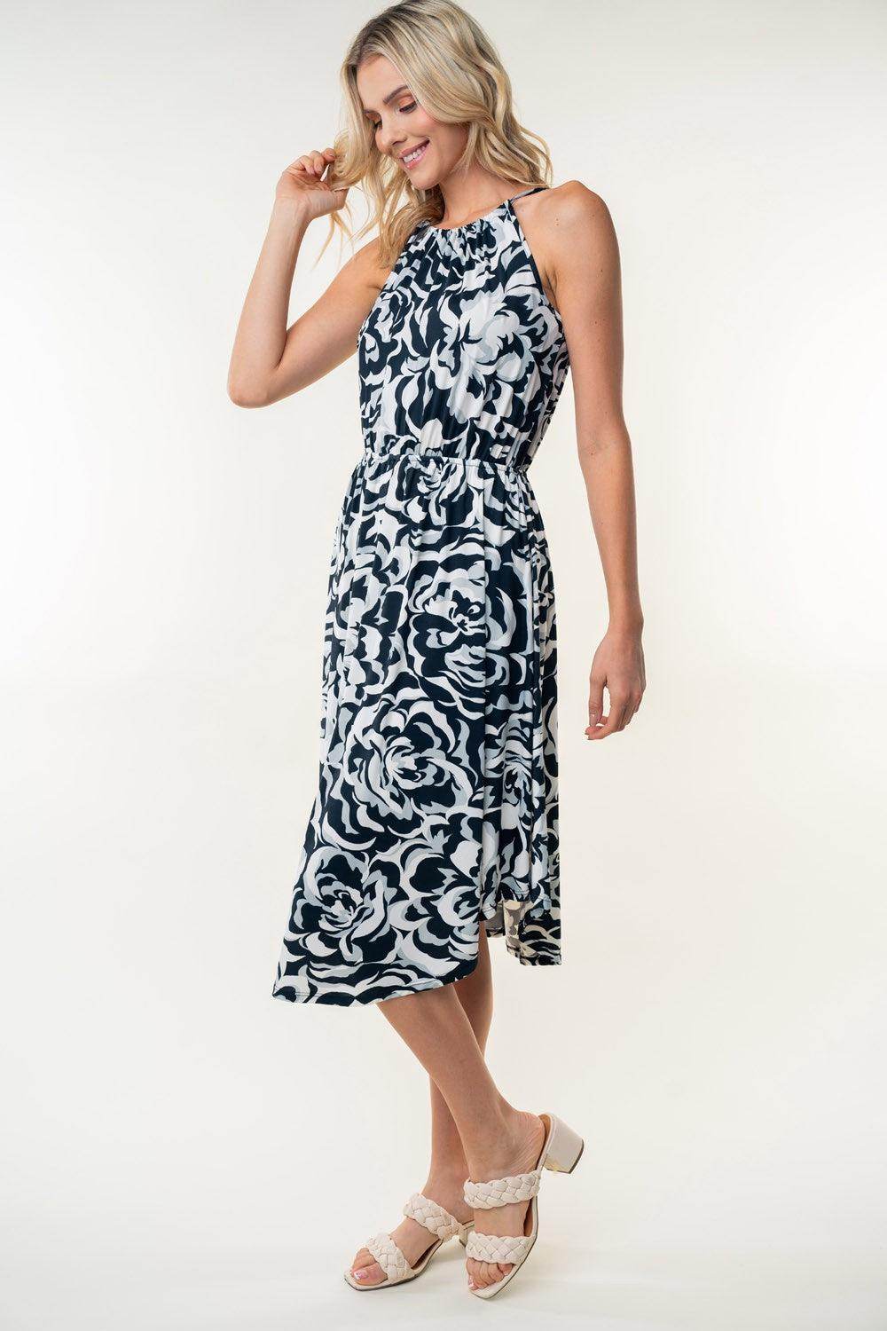 White Birch Tied Ruched Floral Sleeveless Knee Length Dress - Selvanelle
