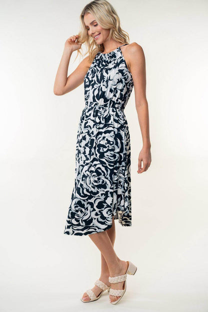White Birch Tied Ruched Floral Sleeveless Knee Length Dress - Selvanelle