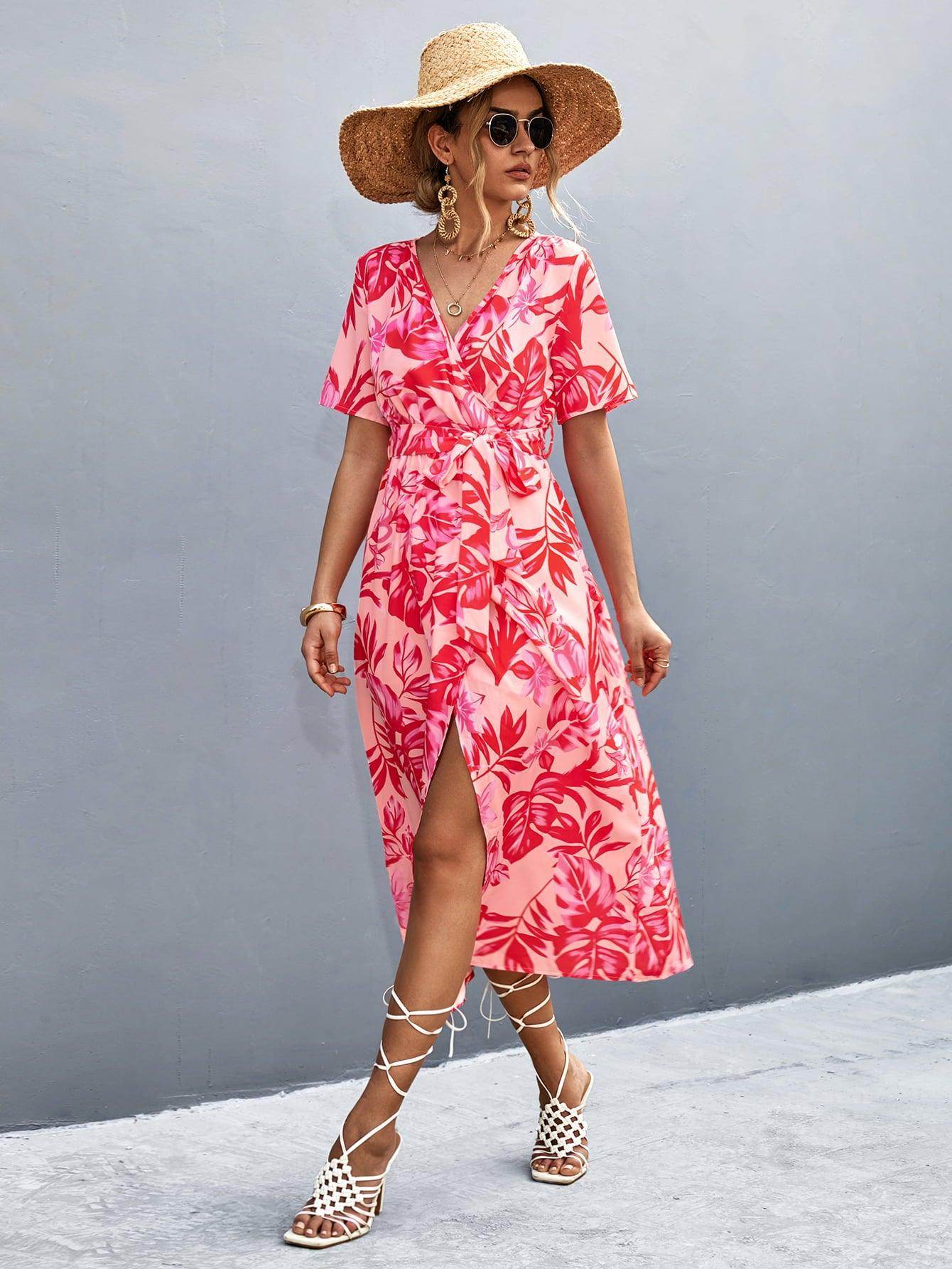 Floral Print High Slit Surplice Neck Tie Waist Midi Dress - Selvanelle