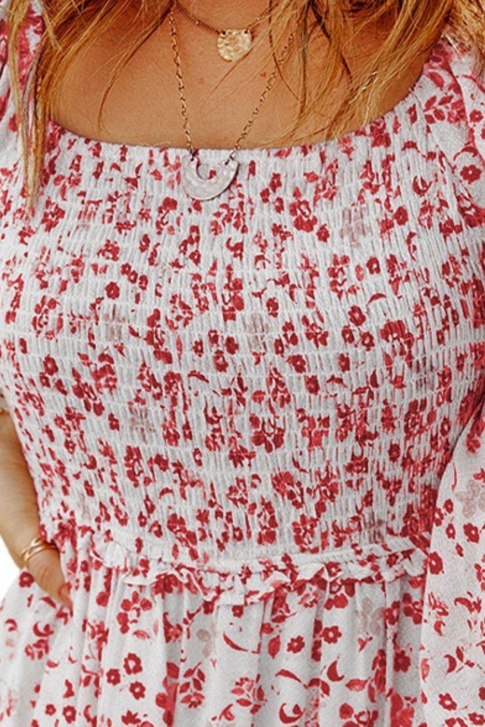 Smocked Floral Square Neck Balloon Sleeve Dress - Selvanelle