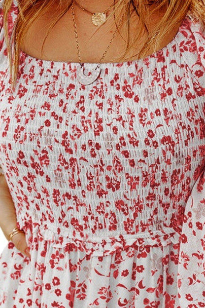 Smocked Floral Square Neck Balloon Sleeve Dress - Selvanelle