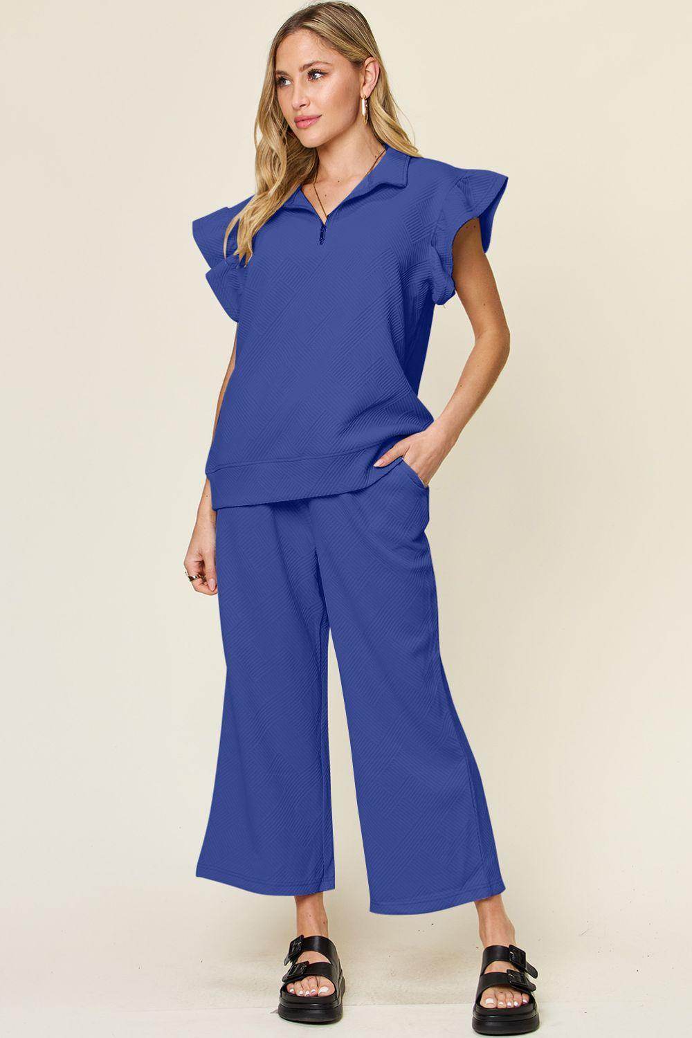 Double Take Texture Ruffle Short Sleeve Top and Pants Set - Selvanelle