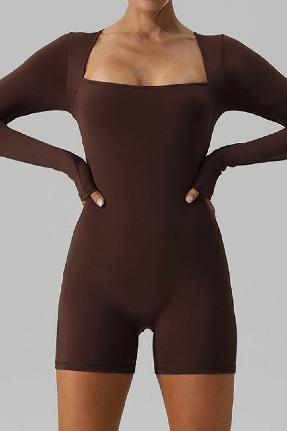 Square Neck Long Sleeve Active Romper for Women Fitness - Selvanelle