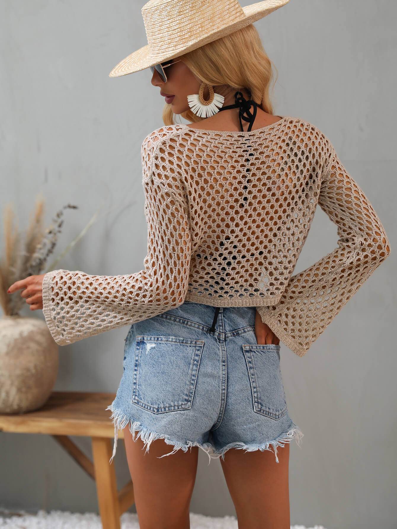 Openwork Flare Sleeve Cropped Cover Up - Selvanelle