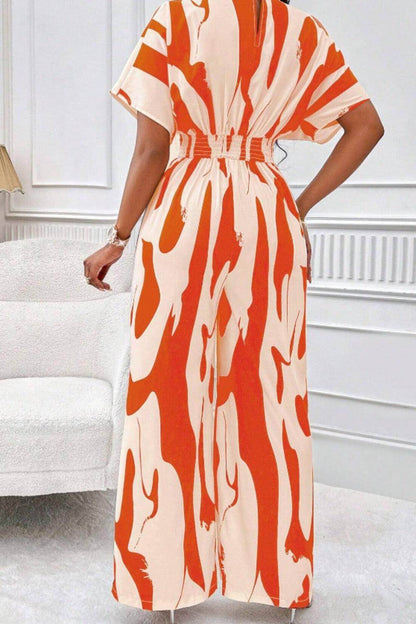 Printed V-Neck Short Sleeve Wide Leg Jumpsuit for Women - Selvanelle
