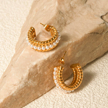Stainless Steel Pearl C-Hoop Earrings for Stylish Elegance - Selvanelle