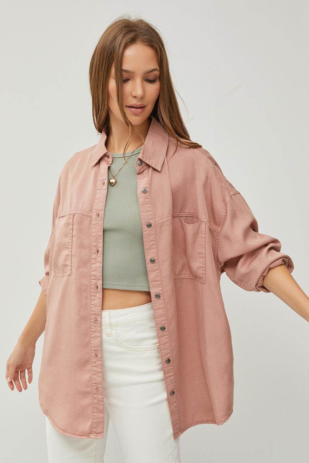 RISEN Full Size Button Up Long Sleeve Denim Shirt for Women - Selvanelle