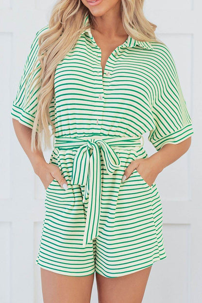 Striped Half Sleeve Tie Waist Romper - Selvanelle