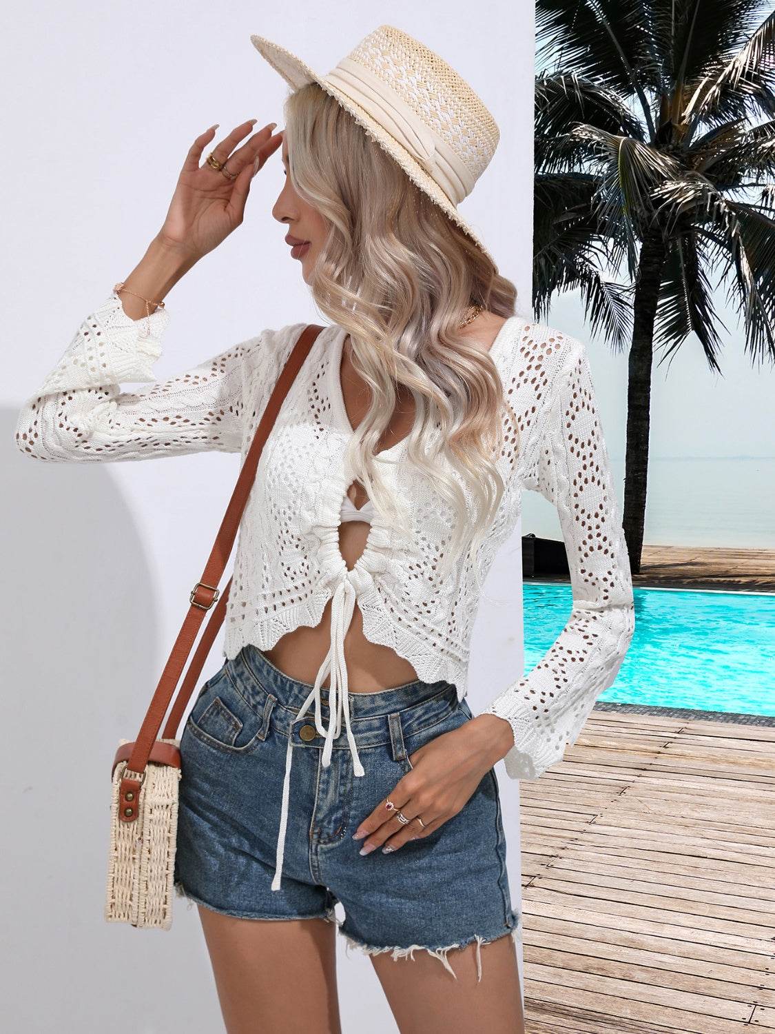 Openwork Drawstring V-Neck Long Sleeve Cover-Up - Selvanelle