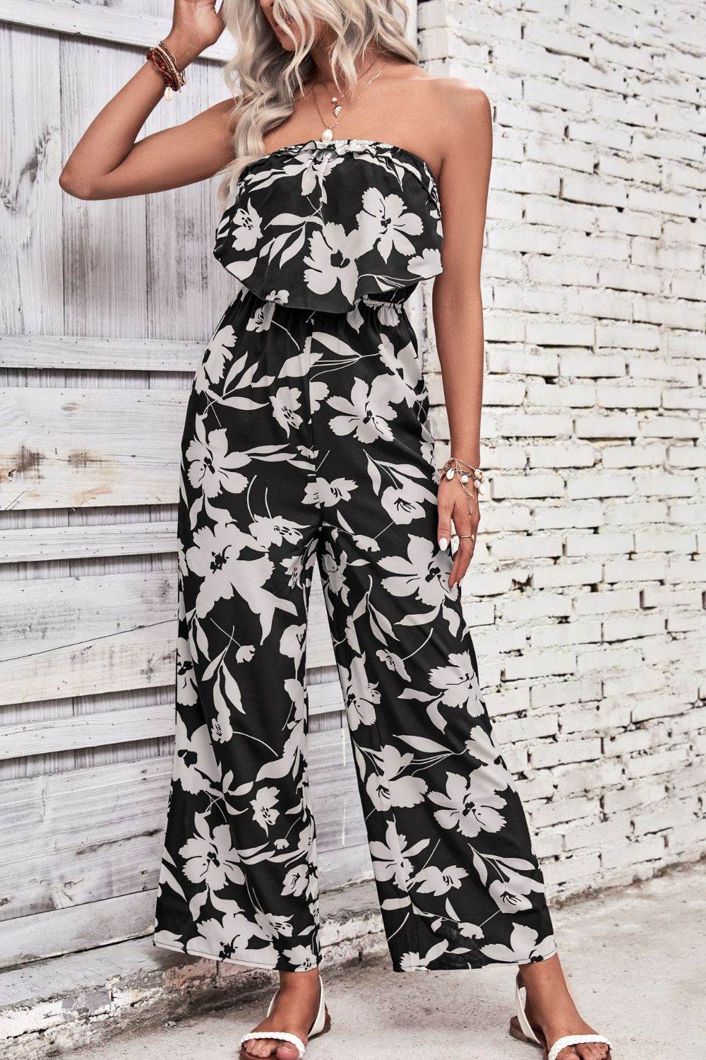 Perfee Floral Strapless Wide Leg Jumpsuit - Selvanelle