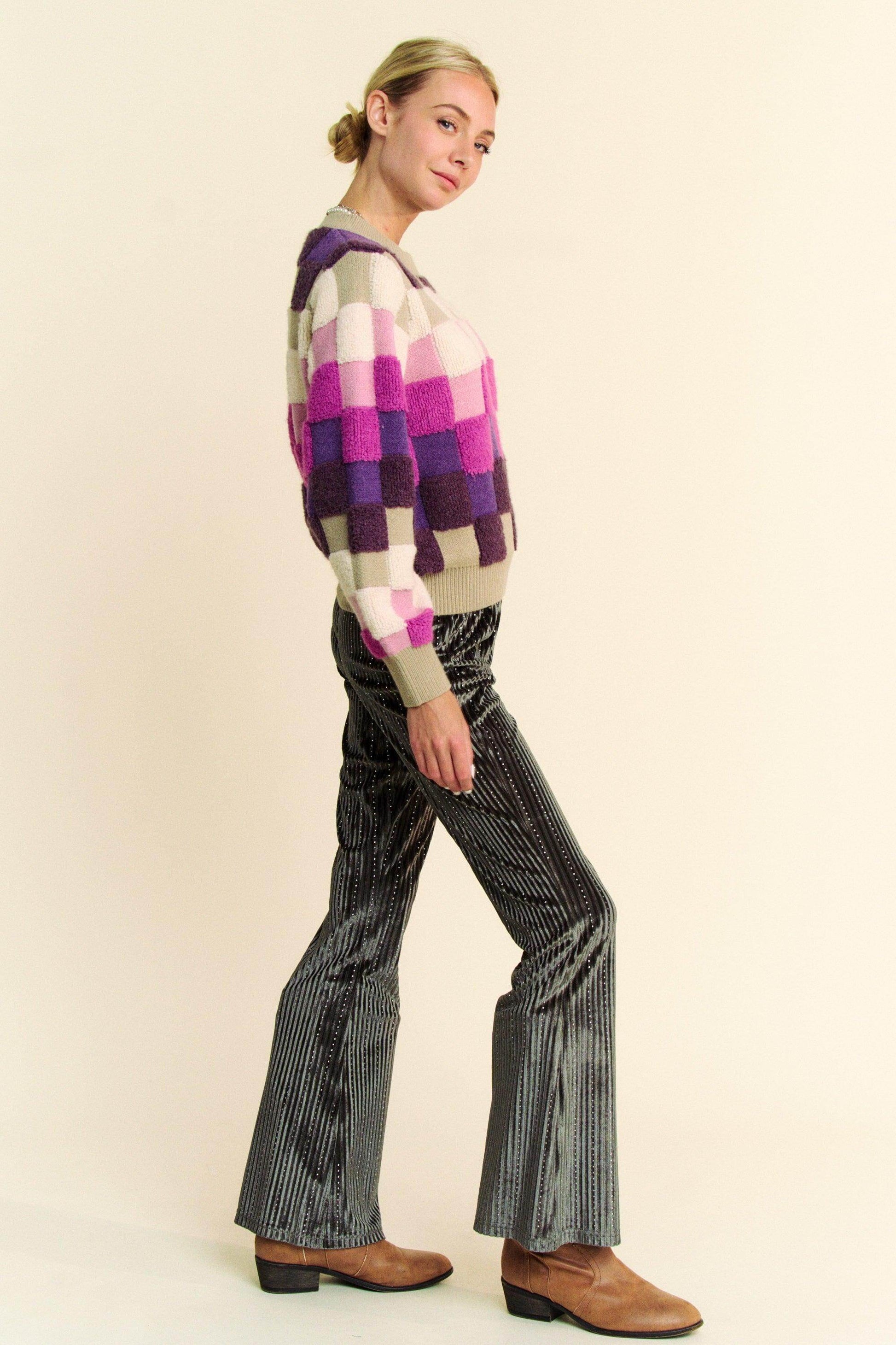 Davi & Dani Checkered Round Neck Long Sleeve Sweater Chic - Selvanelle
