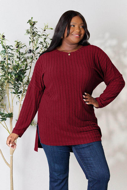 Basic Bae Full Size Ribbed Round Neck Long Sleeve Slit Top - Selvanelle