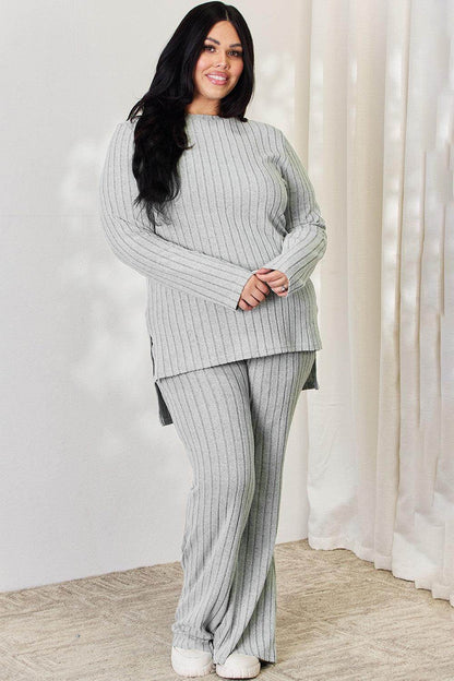 Basic Bae Full Size Ribbed High-Low Top and Wide Leg Pants Set - Selvanelle