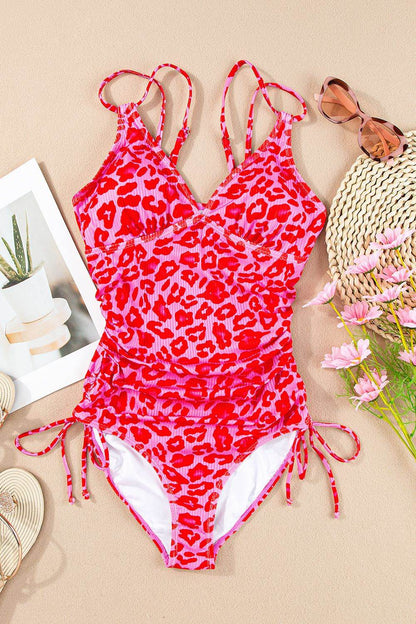 Leopard Cutout Ribbed Side Drawstring One-Piece Swimsuit - Selvanelle