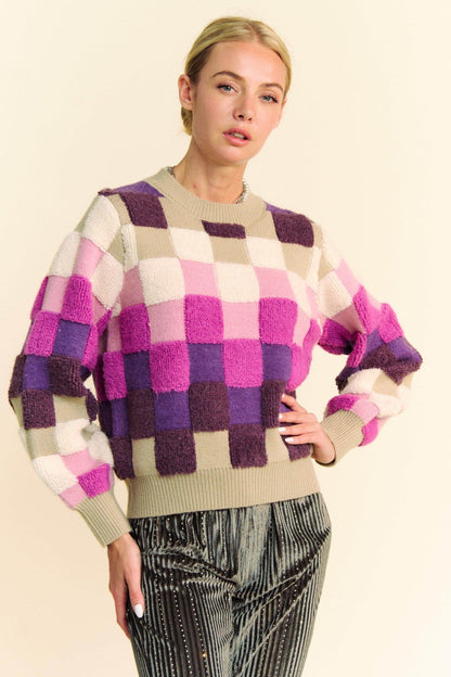 Davi & Dani Checkered Round Neck Long Sleeve Sweater Chic - Selvanelle
