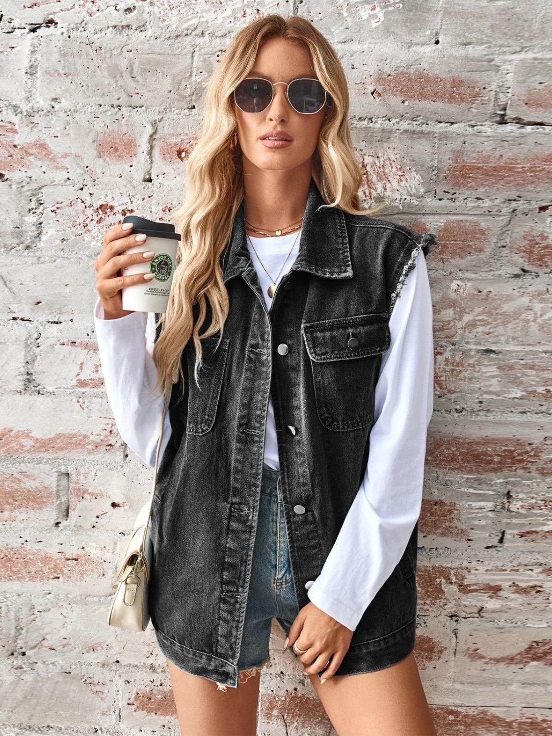 Raw Hem Sleeveless Button Up Denim Jacket for Women - Selvanelle