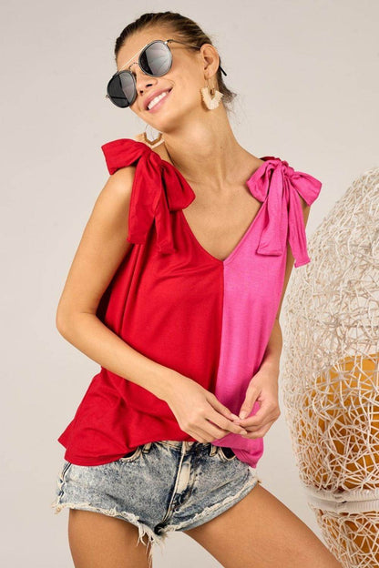 BiBi Shoulder Ribbon Tied Contrast Tank for Stylish Look - Selvanelle