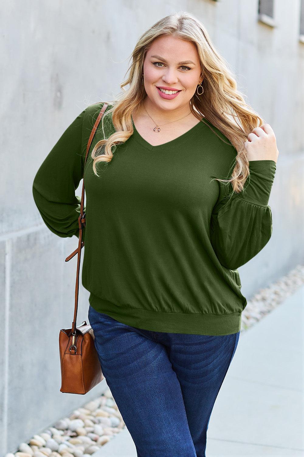 Basic Bae Full Size V-Neck Lantern Sleeve Top for Women