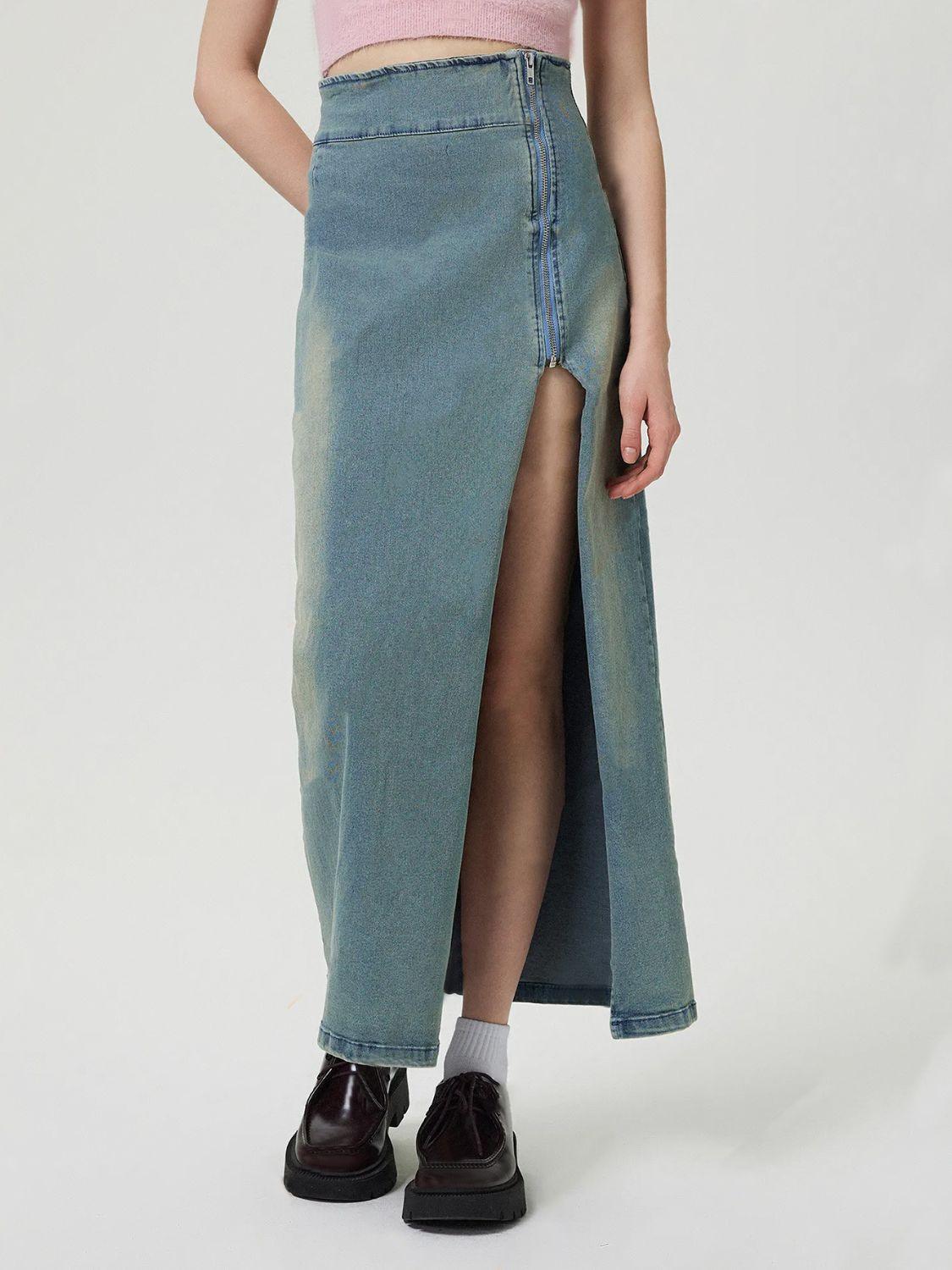 Slit Denim Skirt with Zip for Women in Various Sizes