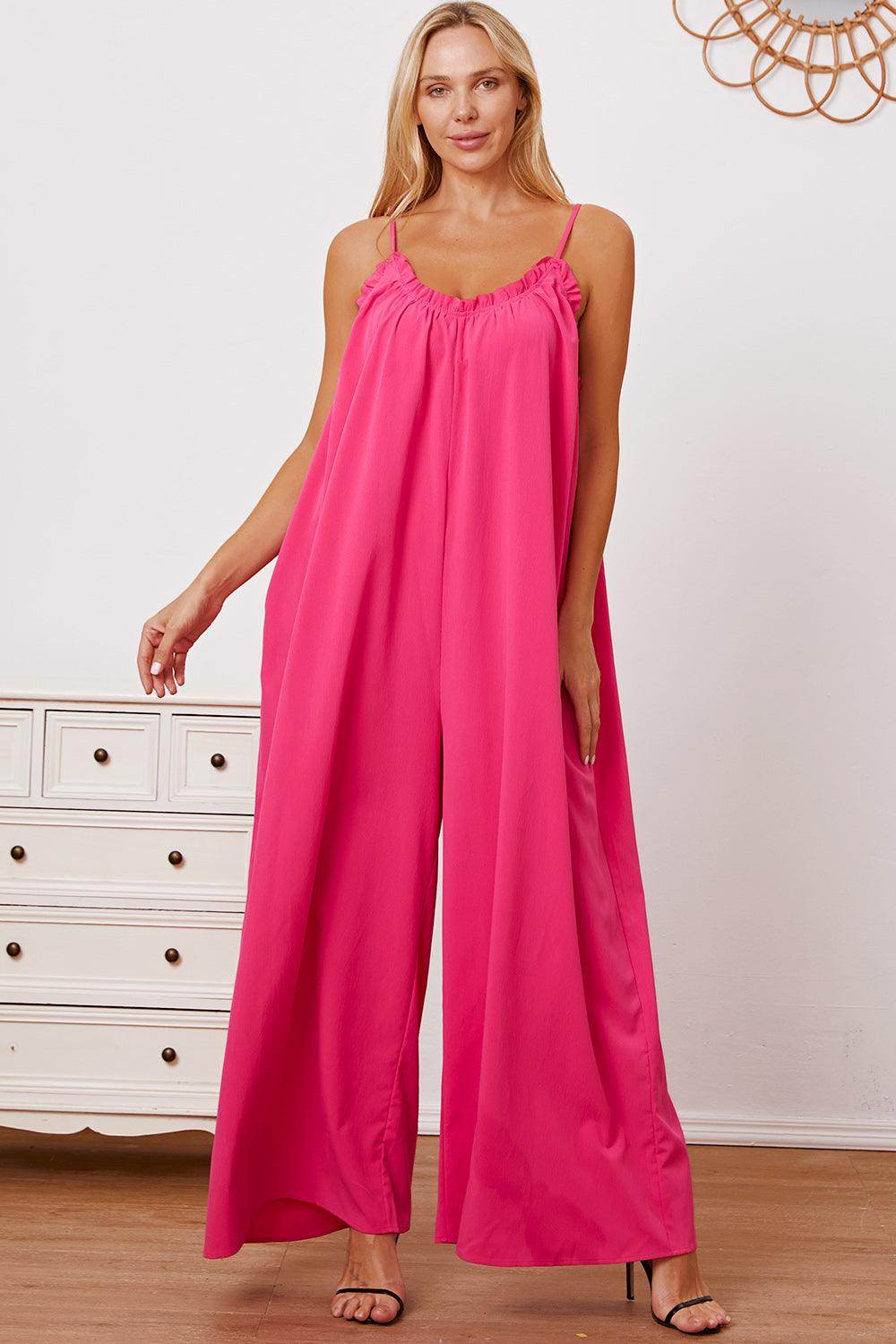 Double Take Full Size Ruffle Trim Tie Back Cami Jumpsuit - Selvanelle