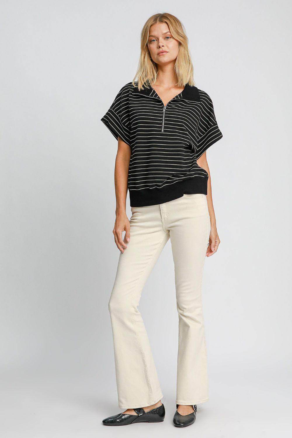 Umgee Striped Half Zip Short Sleeve Sweatshirt for Women - Selvanelle