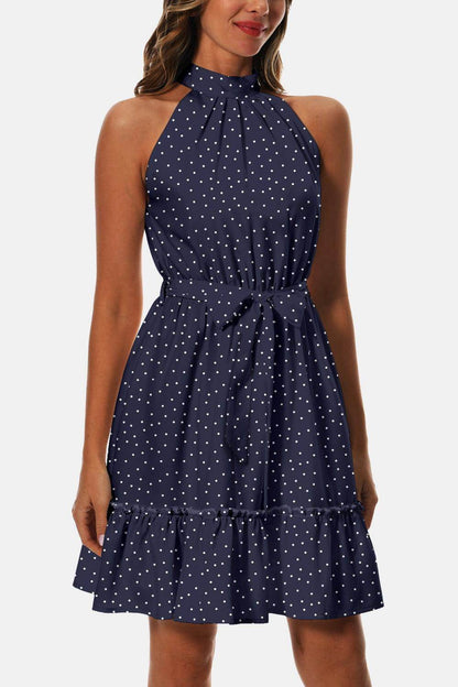 Printed Tie Waist Frill Trim Dress for Chic Summer Style - Selvanelle