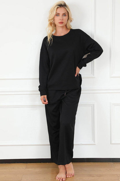 Double Take Full Size Textured Long Sleeve Top and Drawstring Pants Set for Women - Selvanelle