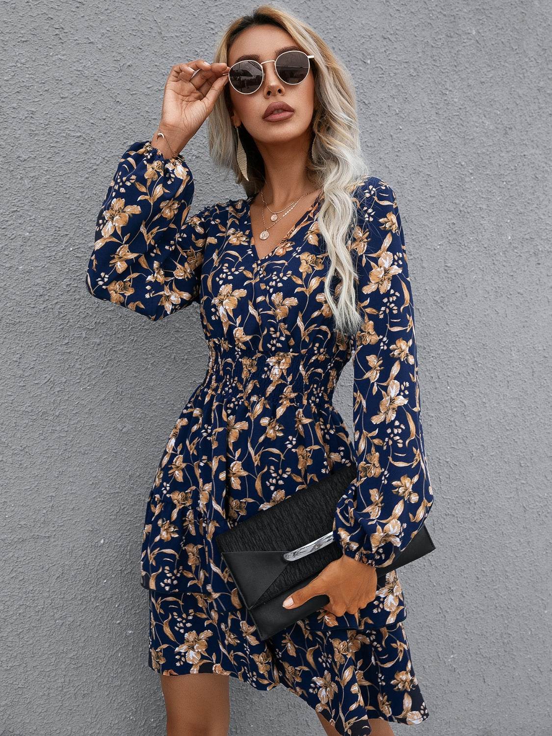 Ivy Lane Floral Layered Surplice Balloon Sleeve Dress - Selvanelle