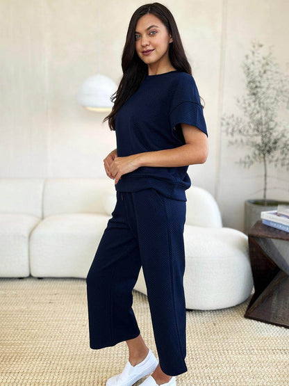 Double Take Full Size Texture Top and Pants Set for Women - Selvanelle