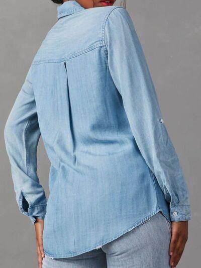 Collared Neck Roll-Tab Sleeve Denim Top for Women - Selvanelle