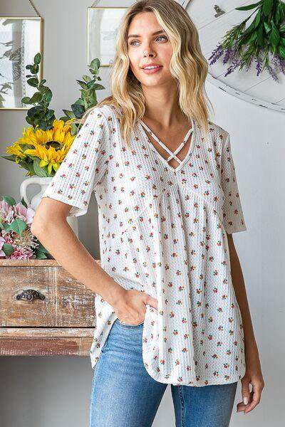 Heimish Full Size Crisscross Ditsy Floral Babydoll Top Plus Size - Selvanelle