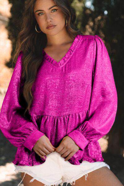 Frill V-Neck Long Sleeve Blouse for Stylish Women - Selvanelle