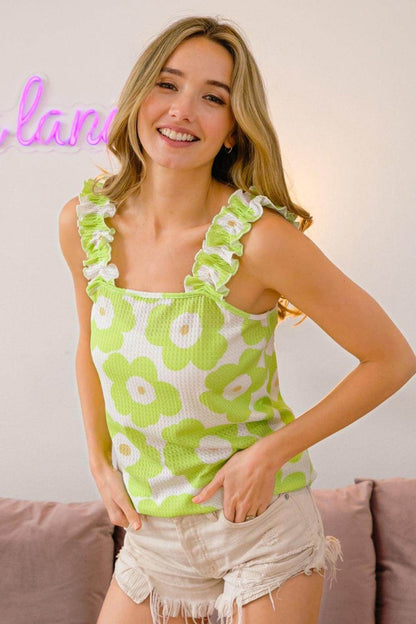 BiBi Floral Waffle Ruffled Tank for Women Stylish Top - Selvanelle