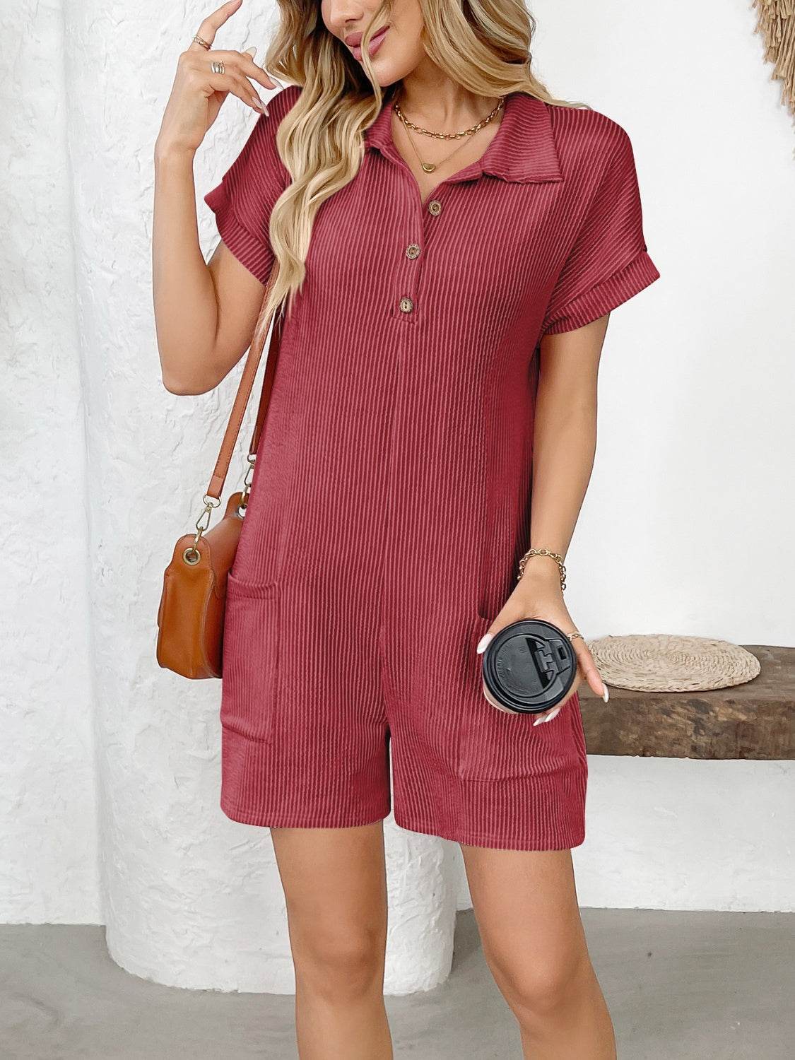Button Detail Collared Neck Short Sleeve Romper - Selvanelle