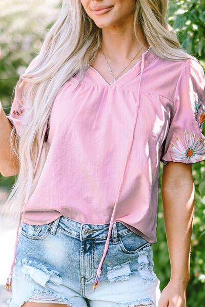 Floral Embroidered Puff Sleeve Blouse for Women Fashion - Selvanelle