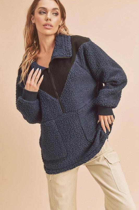 Aemi+Co Two Tone Half Zip Fleece Sweatshirt for Comfort - Selvanelle