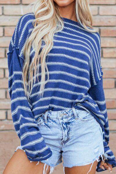 Striped Round Neck Dropped Shoulder Sweater for Women - Selvanelle