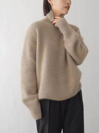 Turtleneck Dropped Shoulder Long Sleeve Sweater for Women - Selvanelle