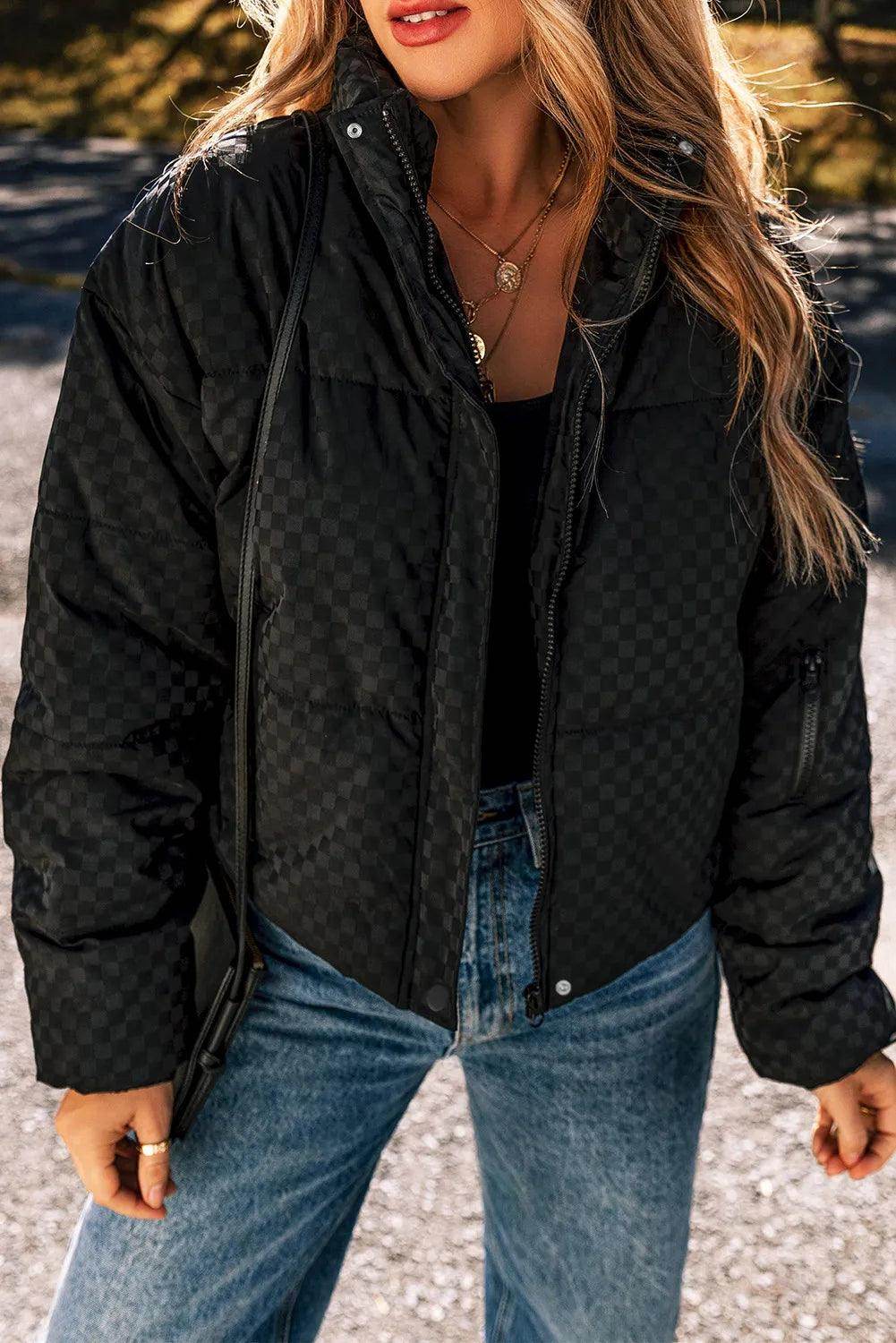 Checkered Turtleneck Zip Up Long Sleeve Winter Coat Style - Selvanelle