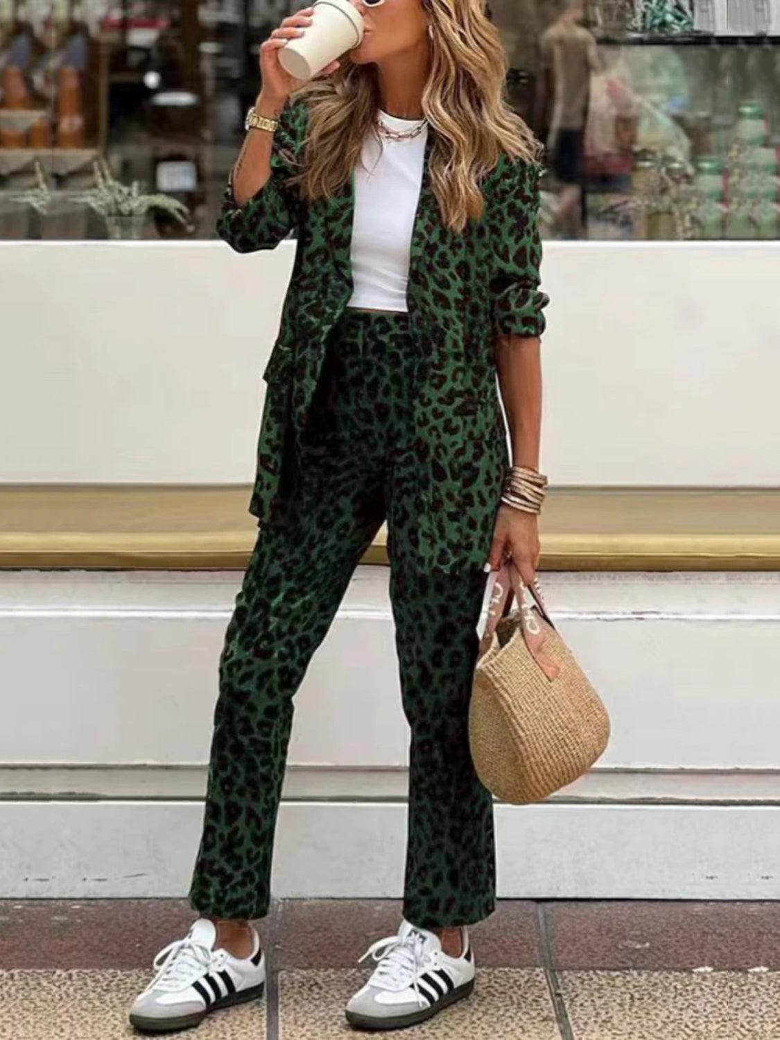 Full Size Leopard Lapel Collar Blazer and Pants Set