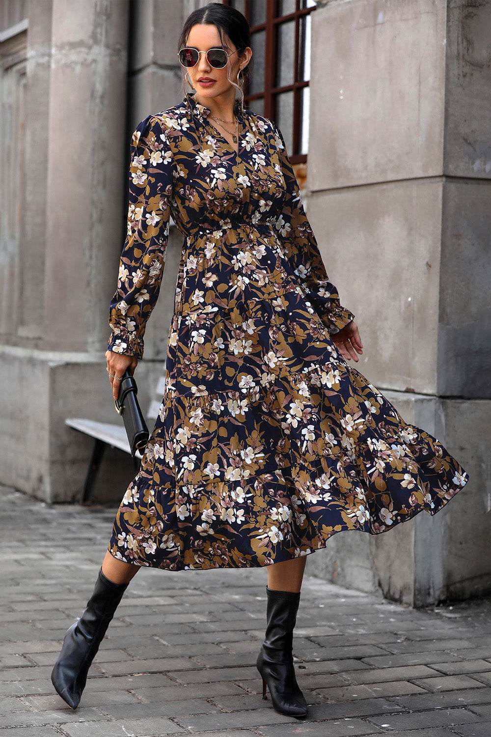 Perfee Floral Flounce Sleeve Tiered Dress - Selvanelle