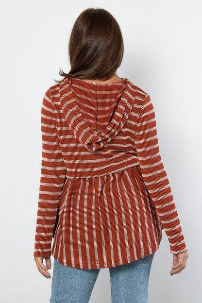 Be Stage Full Size Drawstring Striped Babydoll Hoodie Chic - Selvanelle