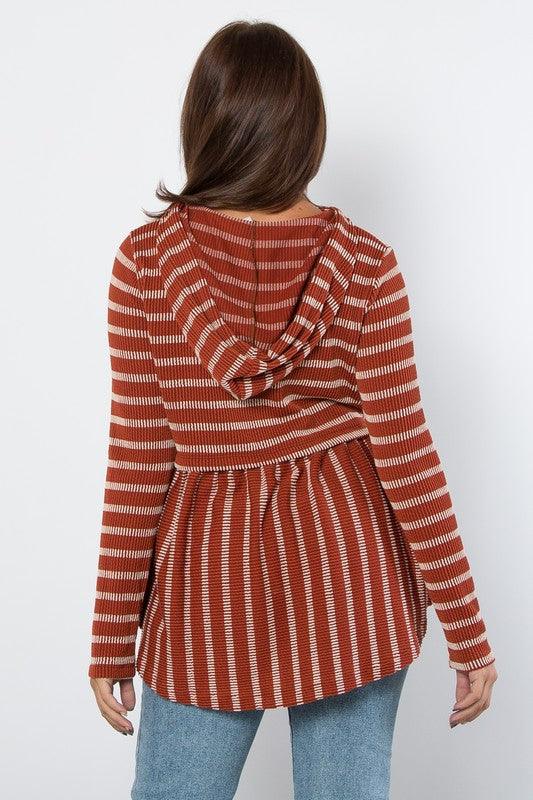 Be Stage Full Size Drawstring Striped Babydoll Hoodie Chic