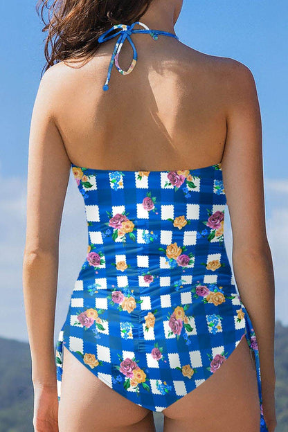 Floral Gingham Halter Neck Drawstring One Piece Swimwear - Selvanelle