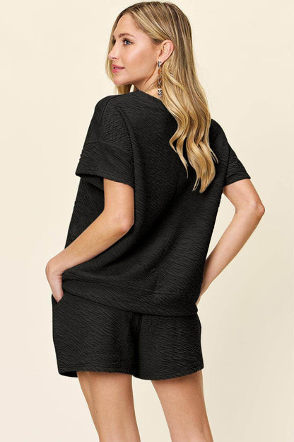 Double Take Full Size Texture Short Sleeve T-Shirt and Drawstring Shorts Set - Selvanelle