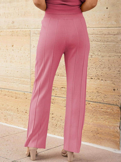 Round Neck Cap Sleeve Top and Pants Knit Set for Women - Selvanelle