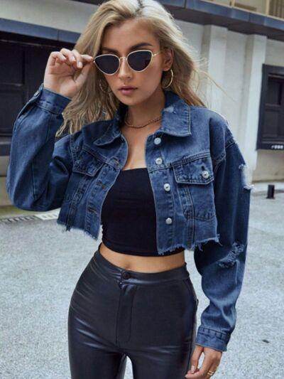 Distressed Raw Hem Collared Neck Long Sleeve Denim Top - Selvanelle